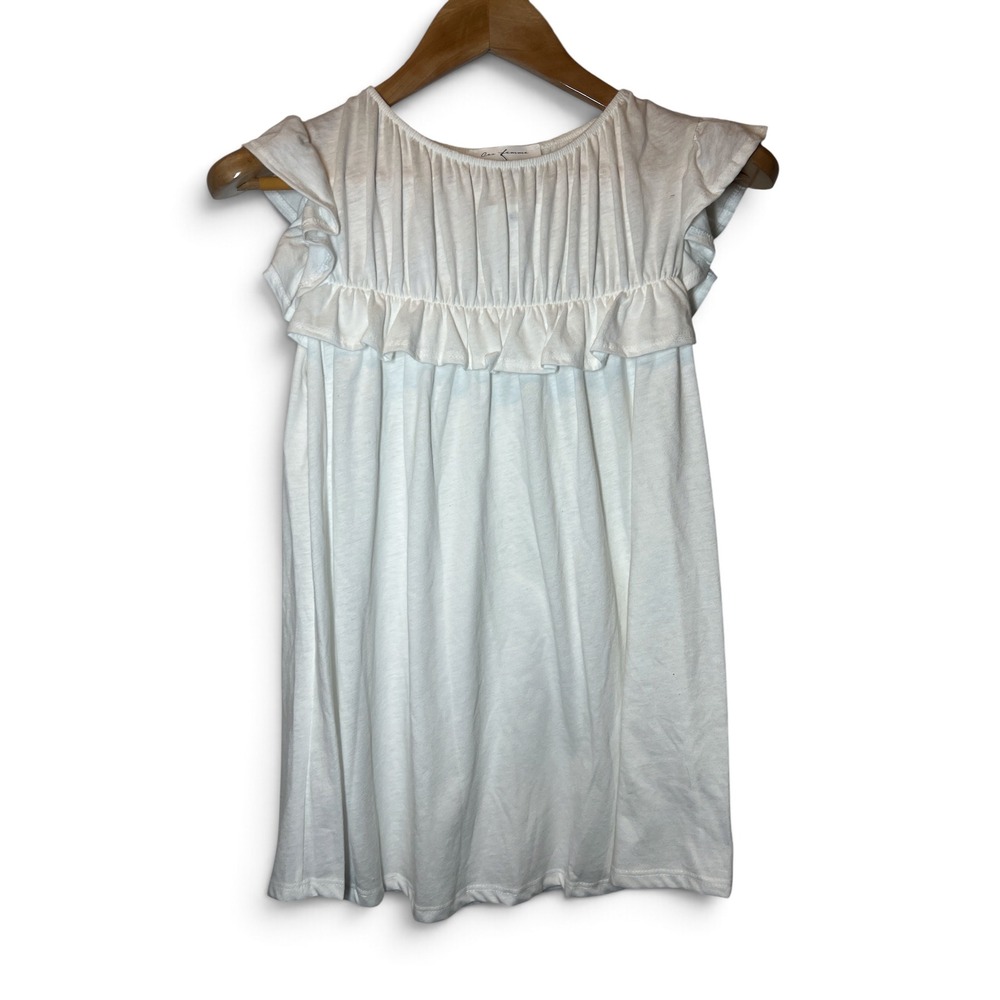 Ces Femme White Ruffle Cap Sleeve Boutique Top Blouse Girl Boho Cottage Small